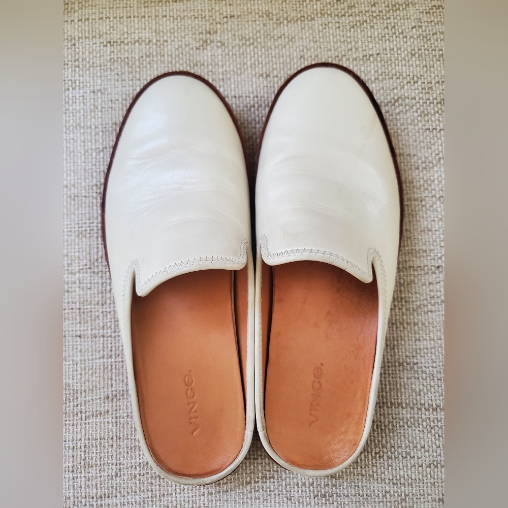 Vince White and Tan Leather-Trim Slip-On Mules - Picture 12 of 16